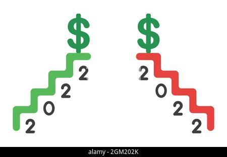 New year 2022 vector concept, stairs up, down and dollar on the top. Flat colored style. Stock Vector