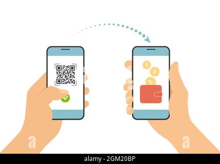 Flat design illustration of hand holding mobile phone. Scan QR code and pay online payment by smartphone to a bank account or wallet - vector Stock Vector