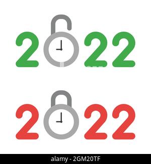 New year 2022 vector concept, clock padlock, open and closed. Flat colored style. Stock Vector