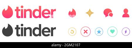 Vinnytsia, Ukraine - September 16, 2021. Set of icon for tinder site. Vector icons isolated on white background Stock Vector