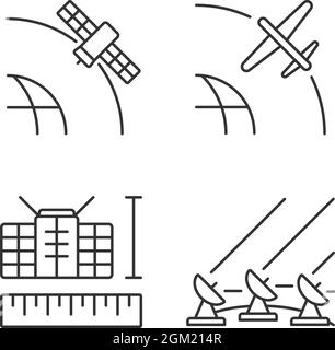 Satellite technologies linear icons set Stock Vector