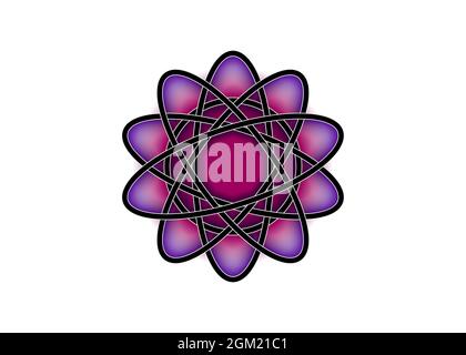 Pictograph of atom. Purple logo template in Celtic knot style on white background. Tribal symbol in circular mandala form Tattoo sign ornament element Stock Vector