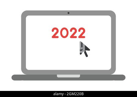 New year vector concept, Click to 2022 with mouse arrow on laptop. Flat colored style. Stock Vector