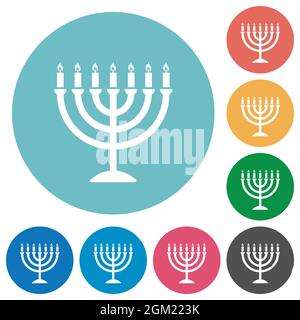Menorah with burning candles solid flat white icons on round color backgrounds Stock Vector