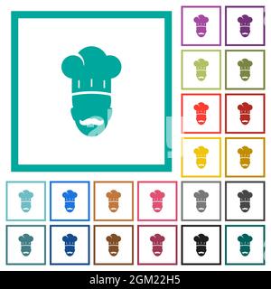 Master chef with mustache flat color icons with quadrant frames on white background Stock Vector