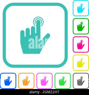 left handed clicking gesture vivid colored flat icons in curved borders on white background Stock Vector