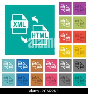 XML HTML file conversion multi colored flat icons on plain square backgrounds. Included white and darker icon variations for hover or active effects. Stock Vector