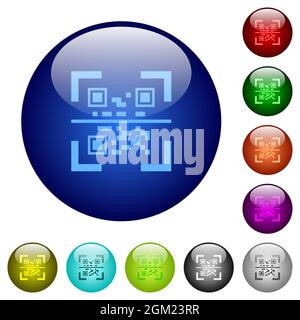 QR code scanning icons on round glass buttons in multiple colors. Arranged layer structure Stock Vector