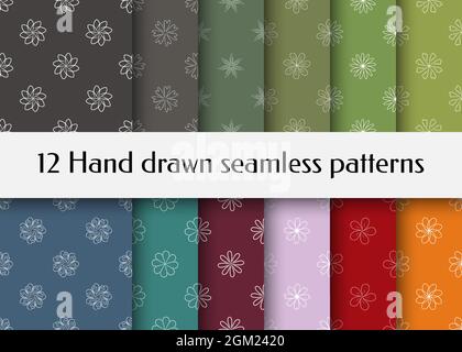 Hand-drawn seamless patterns of flowers on a colored background vector collection. Stock Vector
