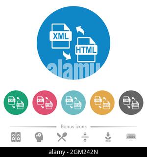 XML HTML file conversion flat white icons on round color backgrounds. 6 bonus icons included. Stock Vector