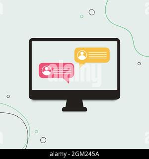 Chat messages on computer online vector illustration, flat cartoon workspace or working desk laptop pc with chatting bubble notifications, concept of Stock Vector