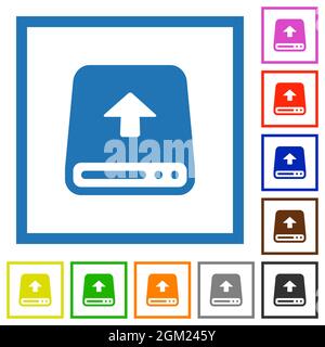 Upload from hard disk flat color icons in square frames on white background Stock Vector
