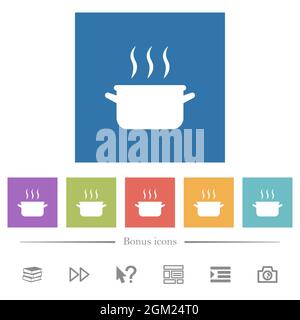 Steaming pot flat white icons in square backgrounds. 6 bonus icons included. Stock Vector