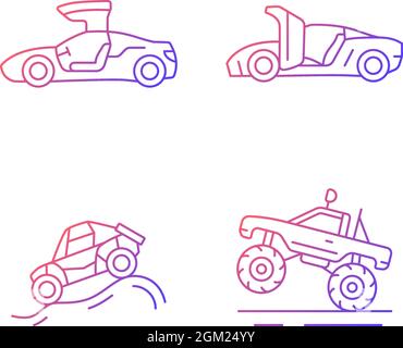 Driving specially-modified vehicles gradient linear vector icons set Stock Vector