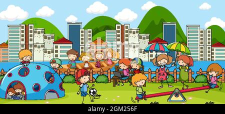 Outdoor scene with many kids playing in the park illustration Stock ...