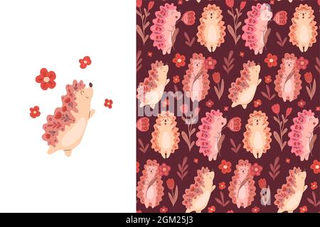 Set of card and seamless pattern with cute dancing hedgehogs with flowers and folk decoration on white background. Delicate vector poster and texture Stock Vector