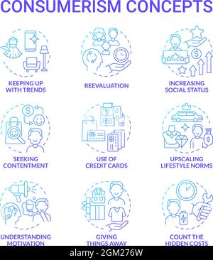 Consumerism blue gradient concept icons set Stock Vector