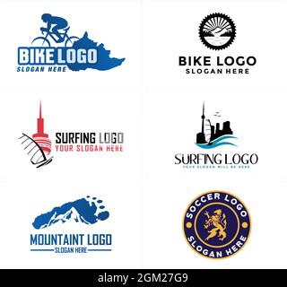 Bike surfing soccer sport mountain adventure logo design Stock Vector