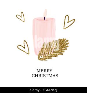 Illustration of a pink candle in a watercolor style with a branch and hearts in a gold texture on a white background. Merry Christmas Stock Photo