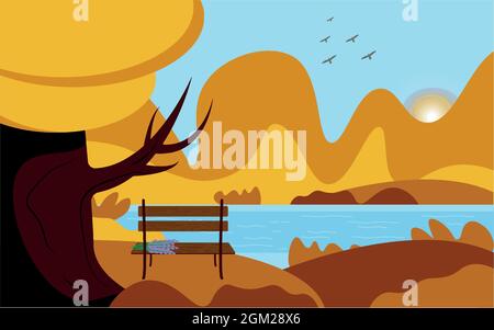 Autumn background of the lake. Autumn park with a bench on which a bouquet of lavender. Stock Vector