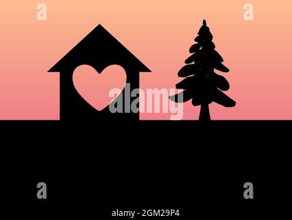 Digitally generated image of heart inside a house and tree icon against pink gradient background Stock Photo