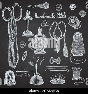 Set of hand-drawn chalk vintage sewing tools. Sew machine, Needle, scissors, mannequin, buttons, tailor meter. Sketch engraving style. Logos, icons Stock Vector