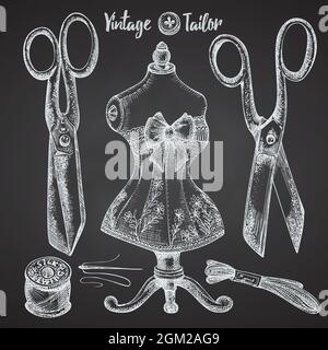 Set of hand-drawn chalk vintage sewing tools. Sew machine, Needle, scissors, mannequin, buttons, tailor meter. Sketch engraving style. Logos, icons Stock Vector