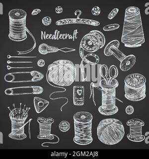 Set of hand-drawn chalk vintage sewing tools. Sew machine, Needle, scissors, mannequin, buttons, tailor meter. Sketch engraving style. Logos, icons Stock Vector