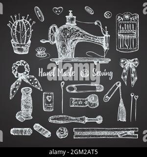Set of hand-drawn chalk vintage sewing tools. Sew machine, Needle, scissors, mannequin, buttons, tailor meter. Sketch engraving style. Logos, icons Stock Vector