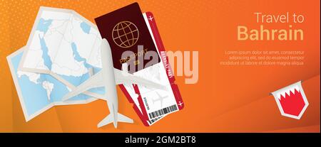 Travel to Bahrain pop-under banner. Trip banner with passport, tickets, airplane, boarding pass, map and flag of Bahrain. Vector template. Stock Vector