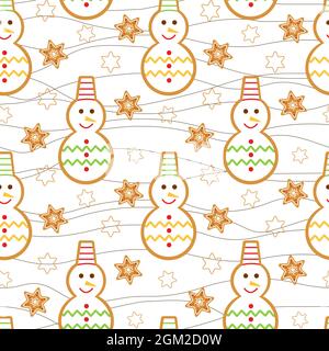 Christmas glazed snowmen seamless pattern. Background with traditional New Year's holiday pastries. Gingerbread template for gift wrapping, fabric and Stock Vector