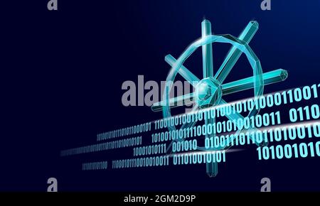 Wheel helm computer developer app concept. Business digital open source program. Data coding steering 3D low polygonal vector line illustration Stock Vector