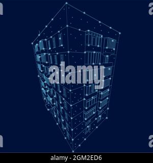 The contour of a multi-storey building made of blue lines on a dark background with glowing lights. 3D. Vector illustration. Stock Vector