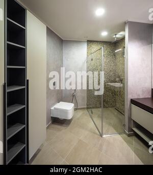 Modern interior of bathroom in luxury apartment. Wooden counter. White toilet. Glass shower. Empty shelves. Stock Photo