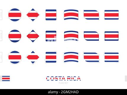 Set of three flags of Costa Rica waving on flagpoles with a vibrant ...