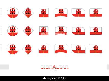 Gibraltar flag set, simple flags of Gibraltar with three different effects. Vector illustration. Stock Vector