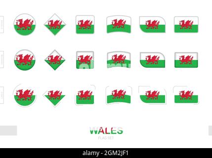 Wales flag set, simple flags of Wales with three different effects. Vector illustration. Stock Vector