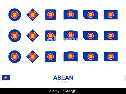 ASEAN flag set, simple flags of ASEAN with three different effects. Vector illustration. Stock Vector