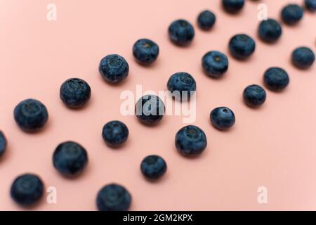 Closeup shot of rows of fresh blueberries isolated on a pink background Stock Photo