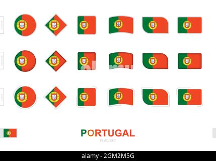 Portugal flag set, simple flags of Portugal with three different effects. Vector illustration. Stock Vector