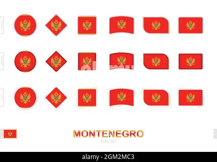 Montenegro flag set, simple flags of Montenegro with three different effects. Vector illustration. Stock Vector