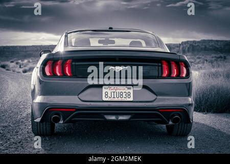 Ford Mustang American muscle car stylized in black and white with red accent tail light Stock Photo