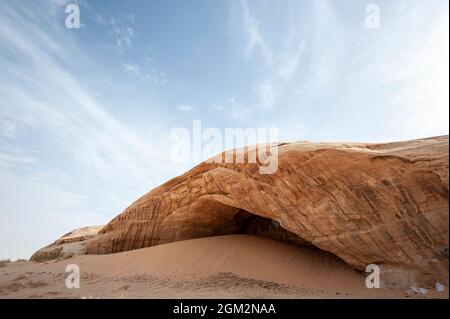 Sandstone rock formations of crazy shapes in the desert near Medina and AlUla and Madain Saleh in Saudi Arabia Stock Photo