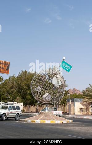 Globe monument on a roundabout in AlUla in Saudi Arabia Stock Photo