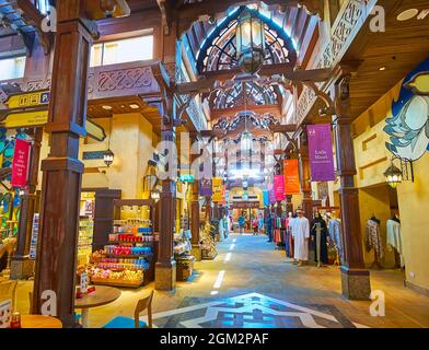 DUBAI, UAE - MARCH 4, 2020: Explore the Souk Madinat Jumeirah market with scenic alleys, lined with interesting stalls, offering traditional Arabic go Stock Photo