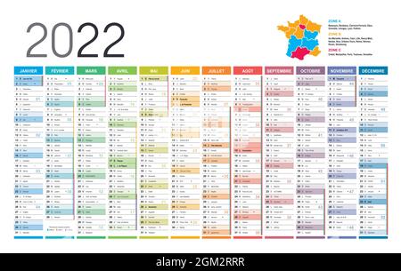Year 2022 colorful wall calendar, in French language, on white background. Vector template Stock Vector