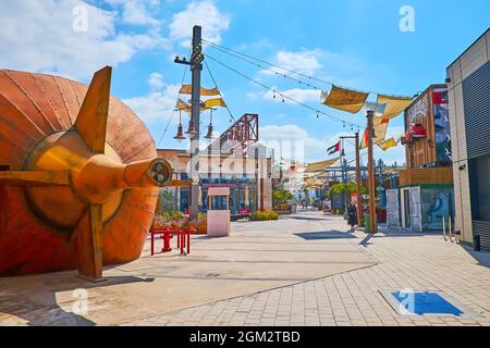 DUBAI, UAE - MARCH 4, 2020: The view of the vintage rusty submarine's tail with rudders and stern stabilizers in La Mer Beachside shopping and dining Stock Photo