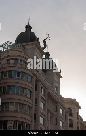 Madrid, Spain; 5th September: View of Diana's terrace from Madrid's Gran Via street of the Hyatt Centric building.You can see the top and the statues Stock Photo