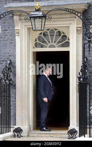 Mark Spencer MP - Parliamentary Secretary to the Treasury (Chief Whip) in the door of 10 Downing Street during a cabinet reshuffle, 15th Sept 2021, in Stock Photo