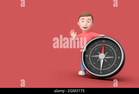 Kid 3D Cartoon Character Leaning on a Metallic Compass on Red with Copy Space Stock Photo